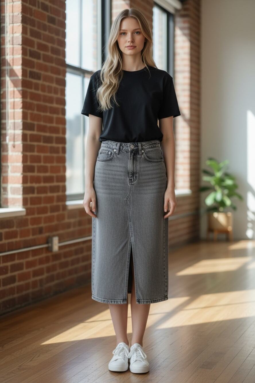 ABERCROMBIE & FITCH Jean Skirt Size 24 High Rise Gray Denim Knee Length Midi